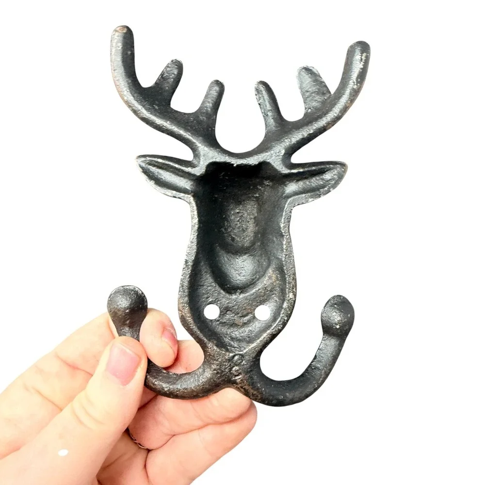 Cast Iron Stag Deer Head Double Wall Hook Rustic Cabin Lodge Decor Farmhouse